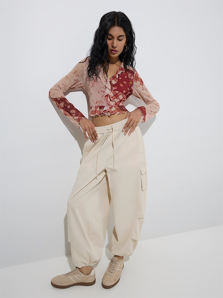 Nuon Brown Floral Detailed Mesh Top