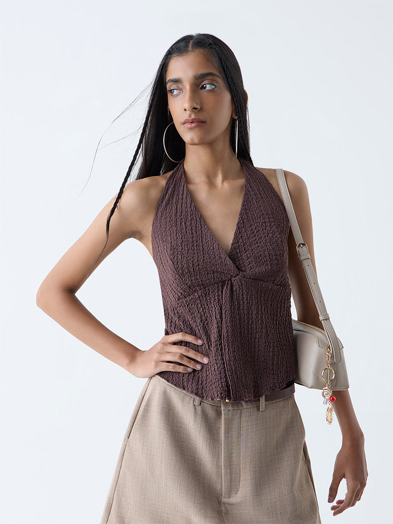 Nuon Brown Crinkle-Textured Halter-Neck Top