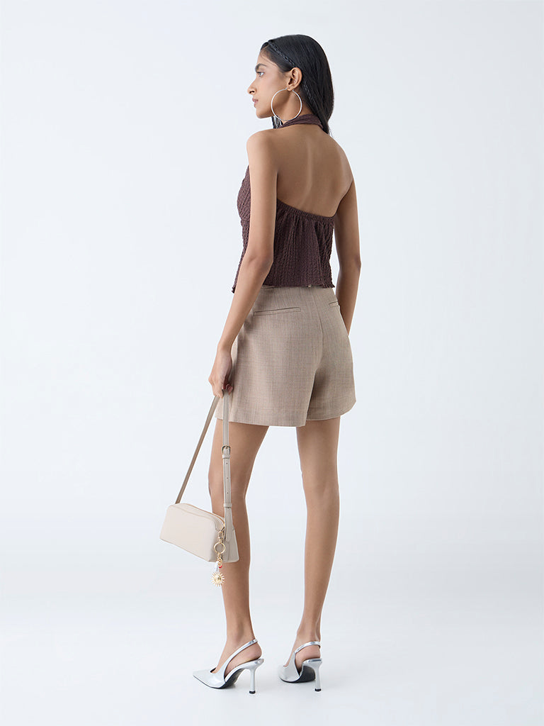Nuon Brown Crinkle-Textured Halter-Neck Top - Image 4