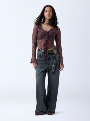 Nuon Dark Brown Lace Detailed Ruffled Top
