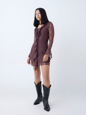 Nuon Dark Brown Ruffle-Detailed Bodycon Dress