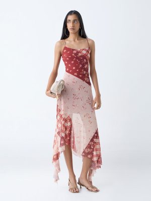 Nuon Brown Floral Detailed Asymmetric Dress