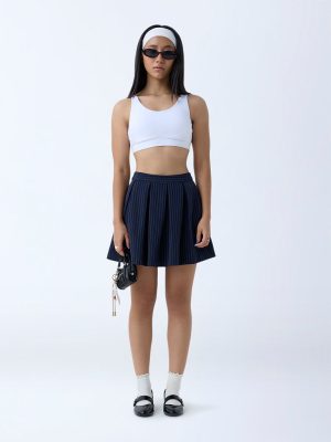 Nuon Navy Pinstriped Box Pleated High-Rise Skirt