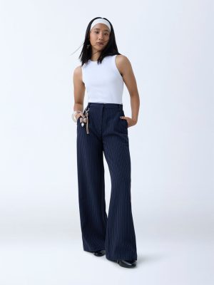 Nuon Navy Pinstripe High-Rise Trousers