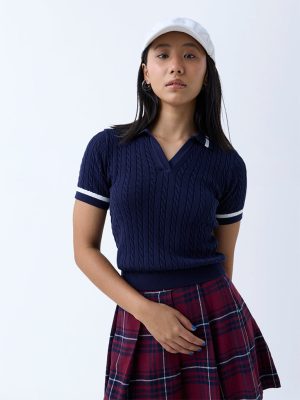 Nuon Navy Cable-Knit Cotton T-Shirt