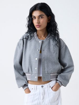Nuon Grey Embroidered Varsity Jacket