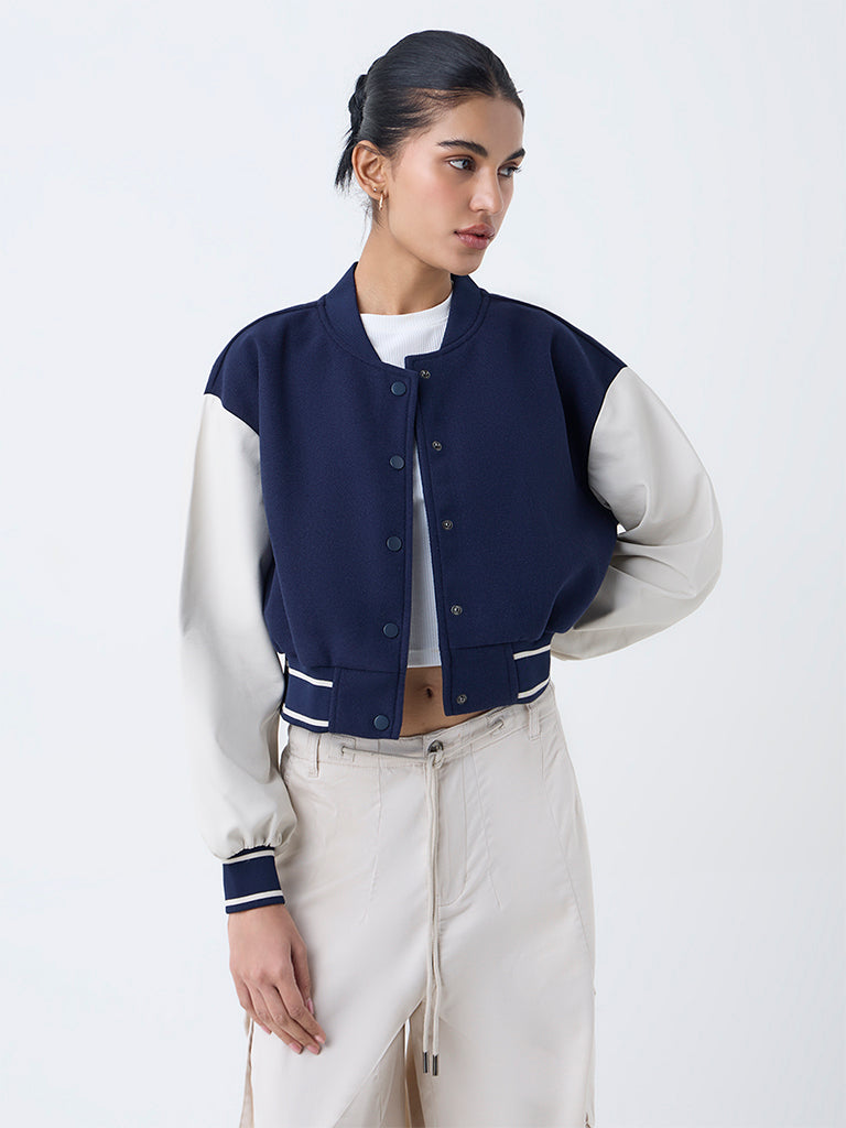 Nuon Navy Colour-Blocked Faux Suede Jacket