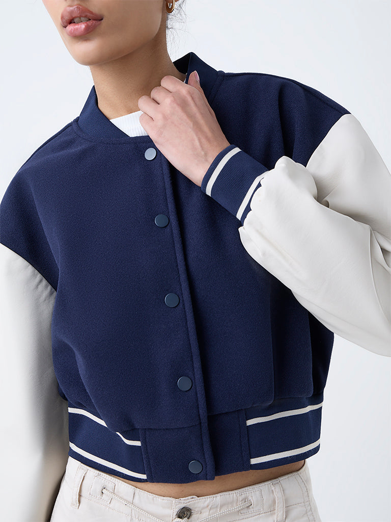 Nuon Navy Colour-Blocked Faux Suede Jacket - Image 3