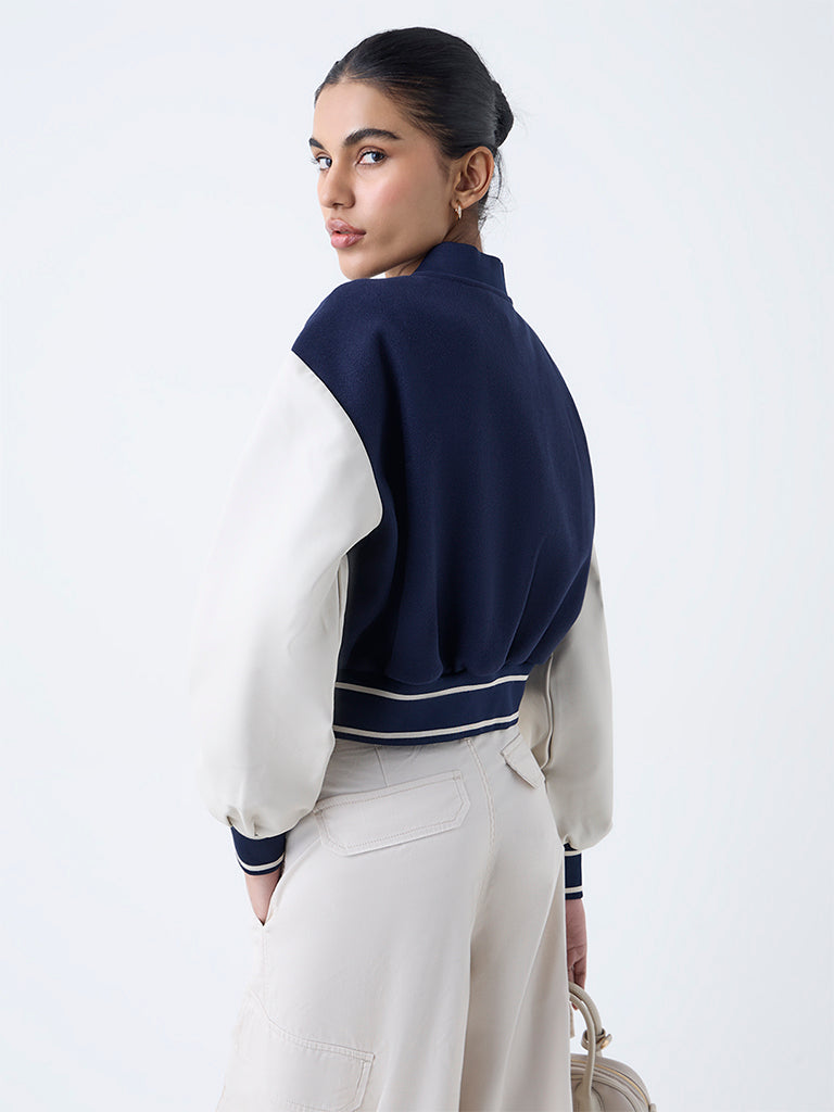 Nuon Navy Colour-Blocked Faux Suede Jacket - Image 4