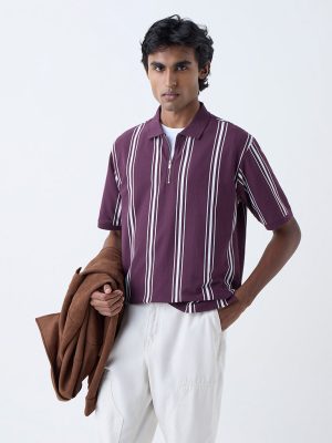 WES Casuals Wine Relaxed-Fit Quarter-Zip Polo T-Shirt