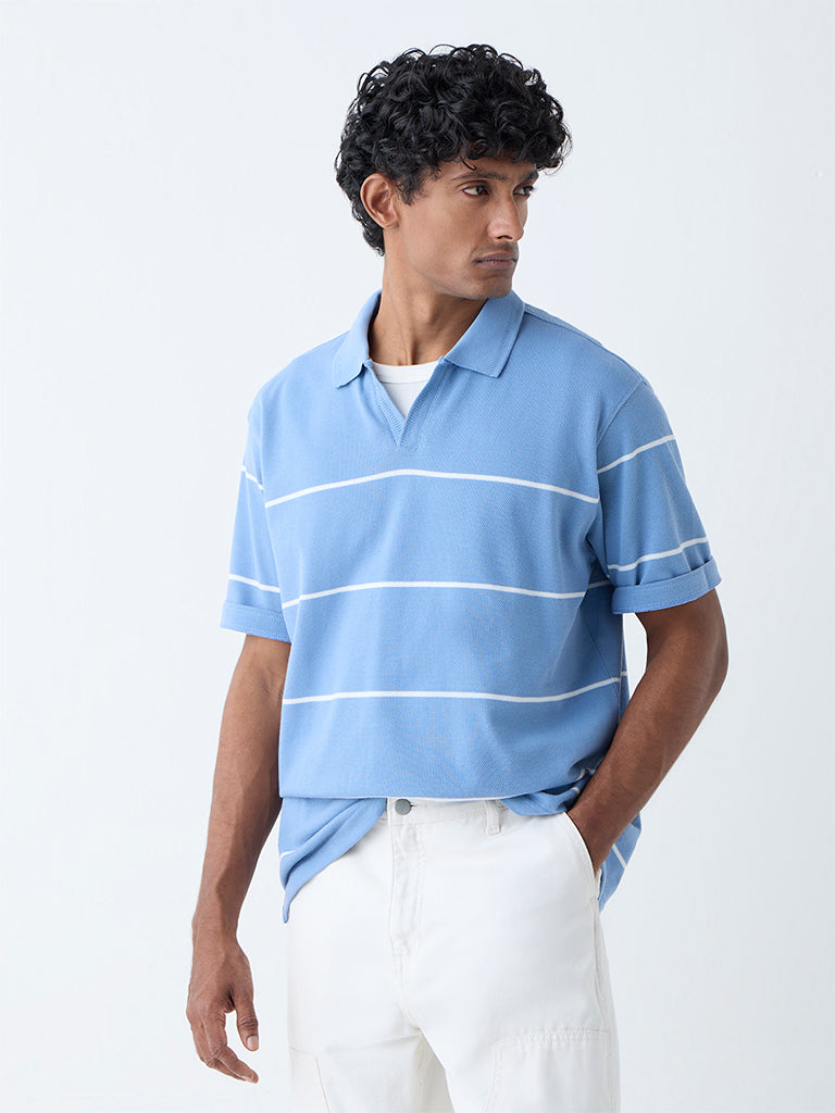WES Casuals Blue Striped Relaxed-Fit Cotton-Blend T-Shirt