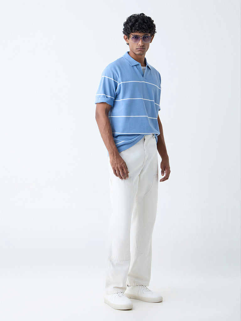 WES Casuals Blue Striped Relaxed-Fit Cotton-Blend T-Shirt - Image 3