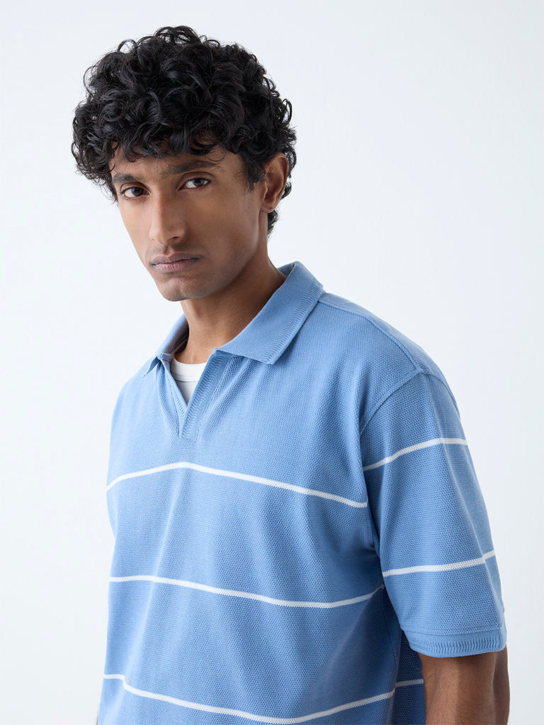 WES Casuals Blue Striped Relaxed-Fit Cotton-Blend T-Shirt - Image 4