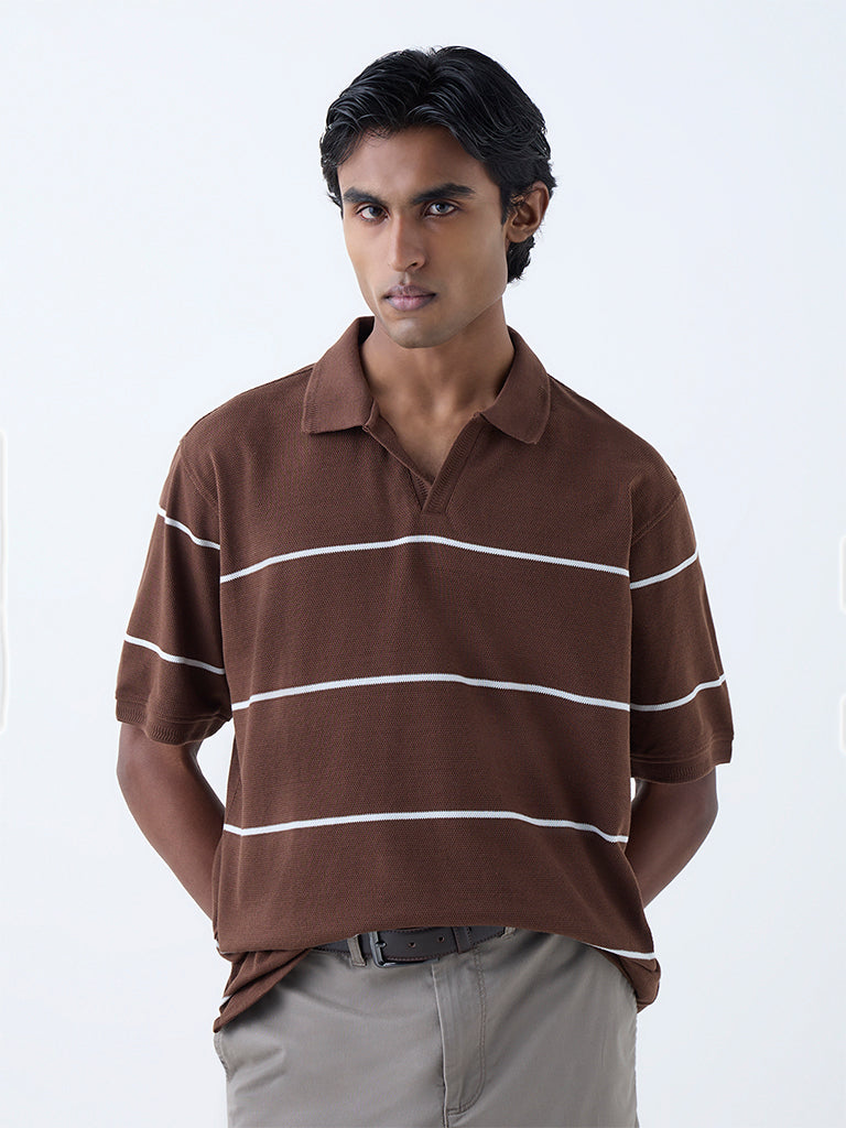 WES Casuals Brown Relaxed-Fit Cotton-Blend Polo T-Shirt