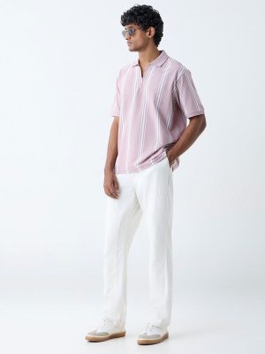 WES Casuals Dusty Pink Striped Relaxed-Fit Polo T-Shirt