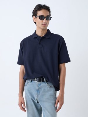 WES Casuals Navy Relaxed-Fit Cotton-Blend Polo T-Shirt