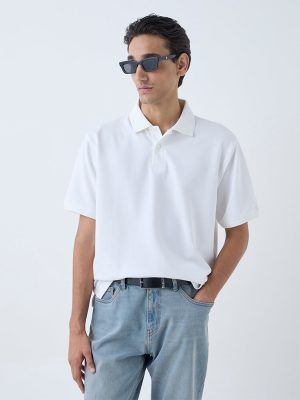 WES Casuals White Relaxed-Fit Cotton-Blend Polo T-Shirt