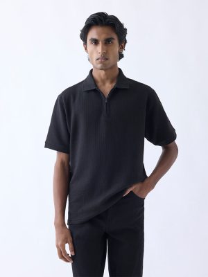 WES Casuals Black Relaxed-Fit Quarter-Zip Polo T-Shirt