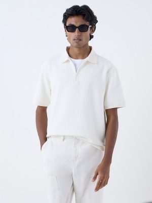 WES Casuals Off-White Relaxed-Fit Three-Quarter Zip T-Shirt
