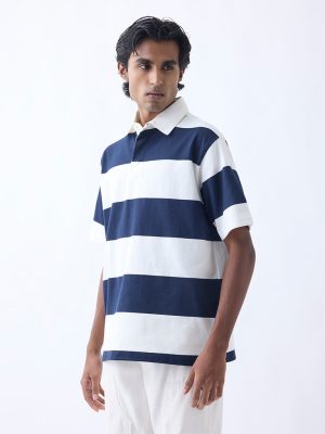 WES Casuals Navy Relaxed-Fit Cotton-Blend Polo T-Shirt