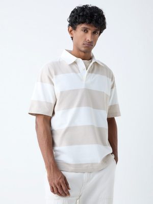 WES Casuals Beige Stripes Relaxed-Fit Cotton-Blend Polo T-Shirt