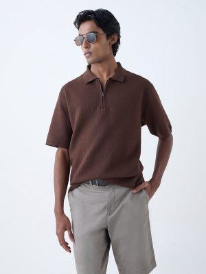 WES Casuals Brown Relaxed-Fit Quarter-Zip Cotton-Blend Polo T-Shirt