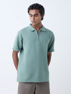 WES Casuals Sage Relaxed-Fit Quarter-Zip Cotton-Blend Polo T-Shirt