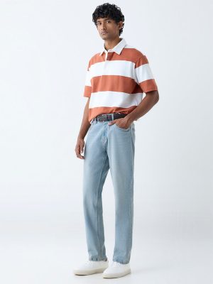 WES Casuals Dark Orange Striped Relaxed-Fit Cotton-Blend Polo T-Shirt