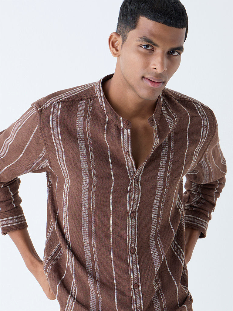 ETA Brown Striped Relaxed-Fit Cotton Shirt - Image 4