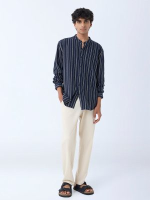 ETA Navy Striped Relaxed-Fit Cotton Shirt