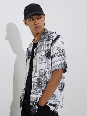 Nuon White Printed Relaxed-Fit Shirt