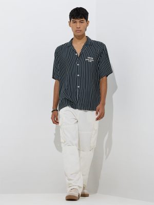 Nuon Dark Green Stripe Pattern Relaxed-Fit Shirt