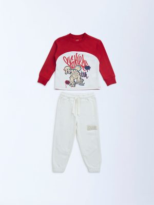 HOP Kids Red Printed Cotton-Blend Sweatshirt and Joggers Set