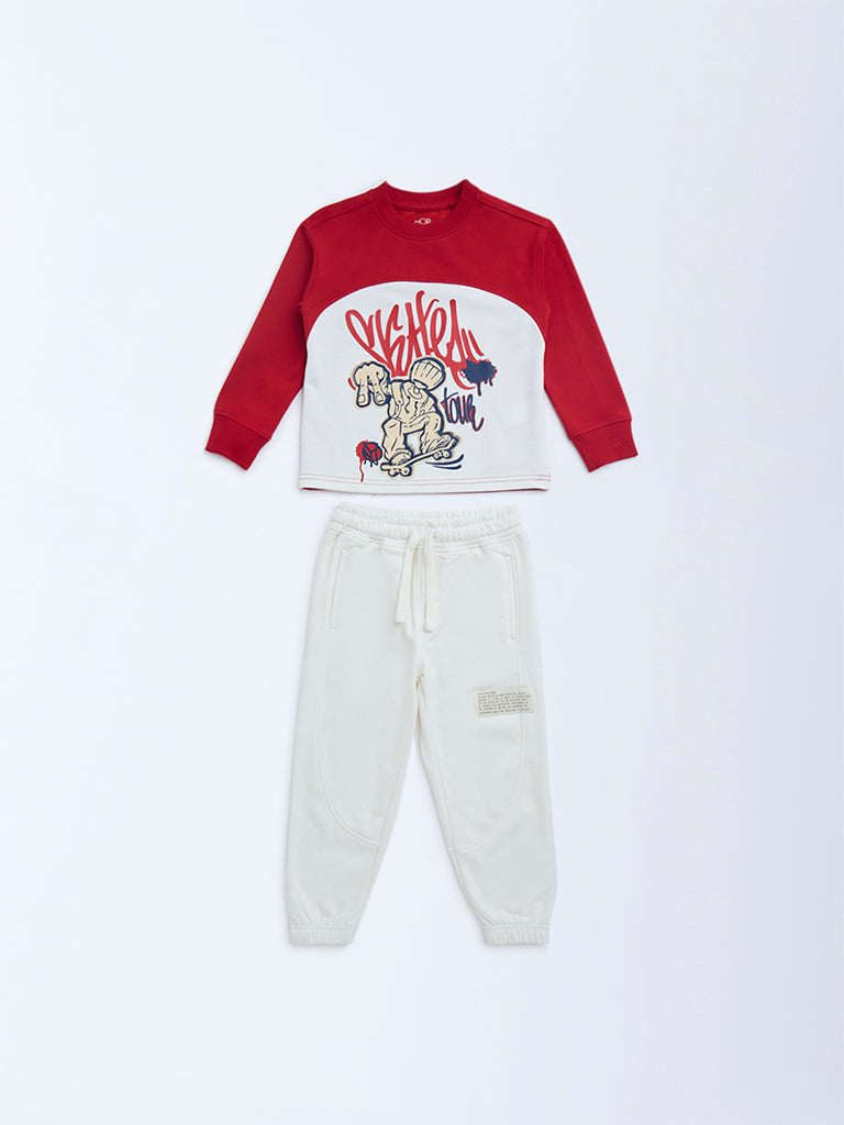 HOP Kids Red Printed Cotton-Blend Sweatshirt and Joggers Set