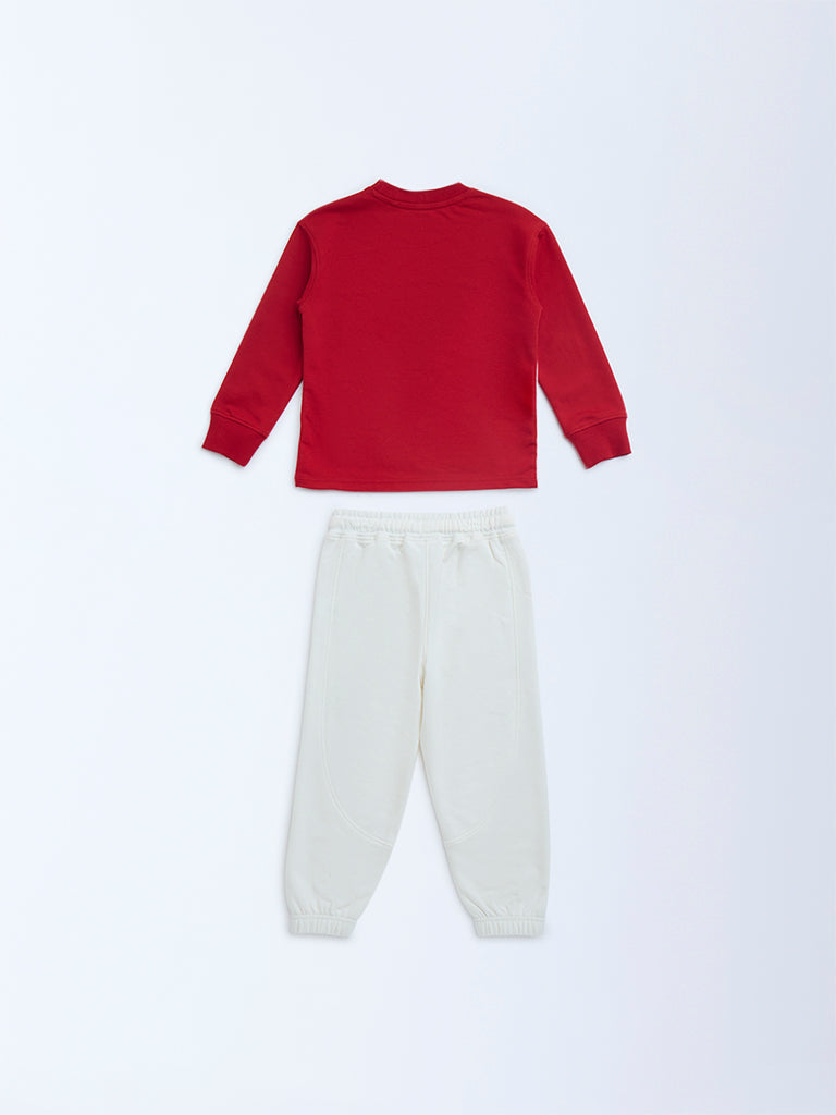 HOP Kids Red Printed Cotton-Blend Sweatshirt and Joggers Set - Image 2