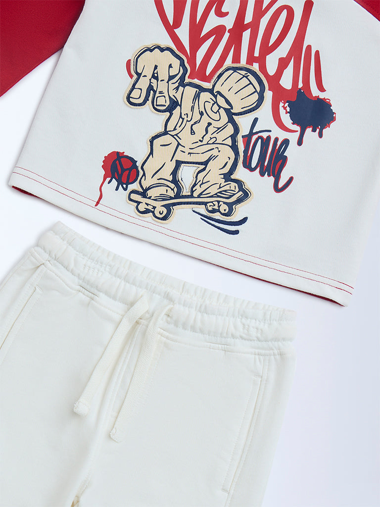 HOP Kids Red Printed Cotton-Blend Sweatshirt and Joggers Set - Image 3