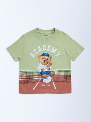 HOP Kids Green Teddy Bear Printed Cotton T-Shirt