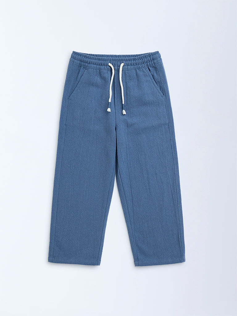 HOP Kids Dusty Blue Solid Mid-Rise Cotton Trousers - Image 4