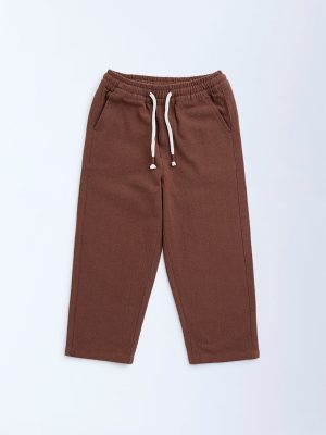 HOP Kids Brown Solid Mid-Rise Cotton Trousers
