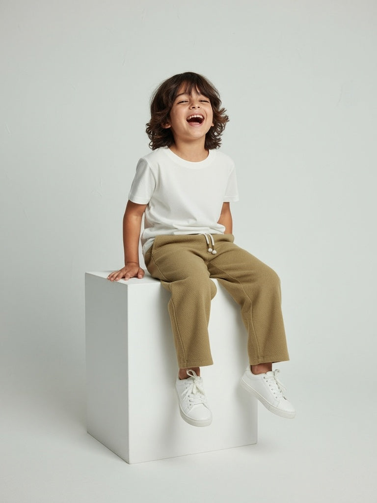 HOP Kids Mustard Solid Mid-Rise Cotton Trousers