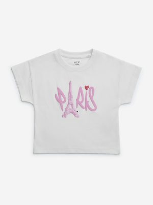 HOP Kids White Sequin Embellished Cotton T-Shirt