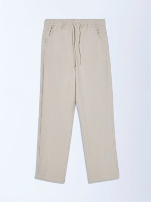 Y&F Kids Taupe Solid Mid-Rise Cotton Trousers