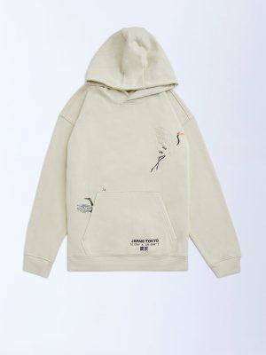 Y&F Kids Beige Bird Design Cotton-Blend Hoodie