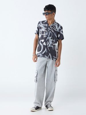 Y&F Kids Black Typographic Resort-Fit Shirt