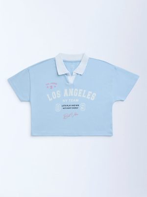 Y&F Kids Light Blue Text Pattern Cotton T-Shirt