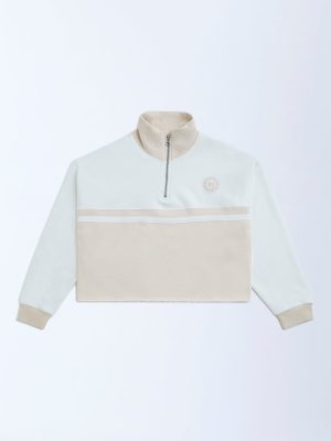 Y&F Kids Beige Cotton-Blend Three-Quarter Zip Sweatshirt