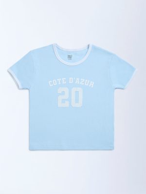 Y&F Kids Light Blue Printed Cotton-Blend T-Shirt