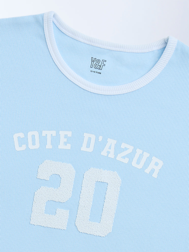 Y&F Kids Light Blue Printed Cotton-Blend T-Shirt - Image 3