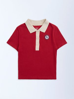 Y&F Kids Red Ribbed-Textured Cotton-Blend Polo T-Shirt