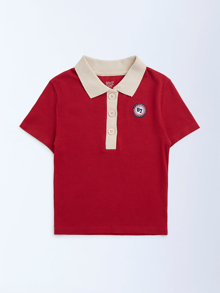 Y&F Kids Red Ribbed-Textured Cotton-Blend Polo T-Shirt